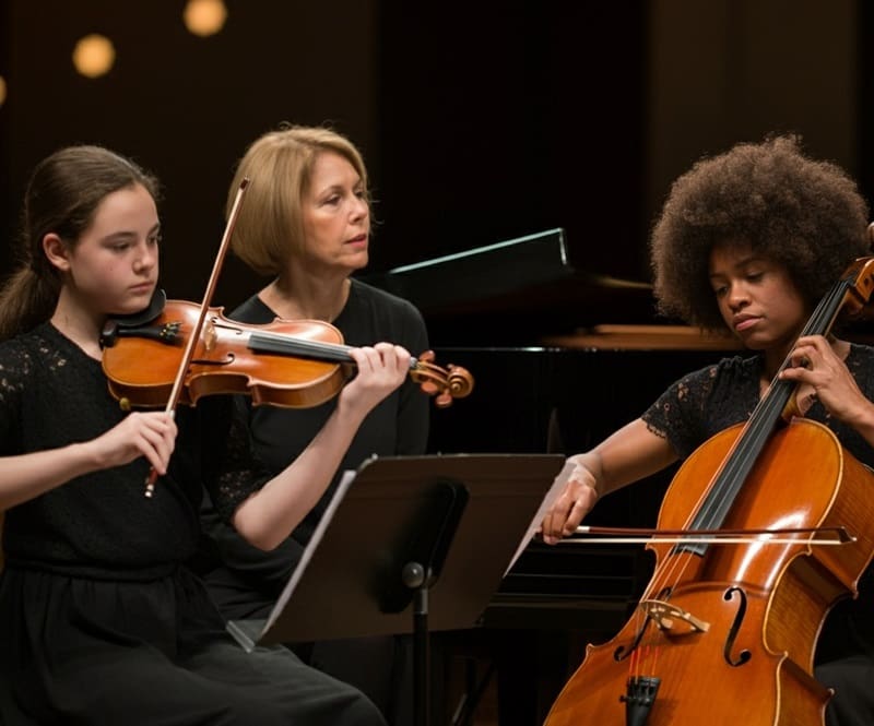 Female music instructor during group music lesson in los angeles, ca