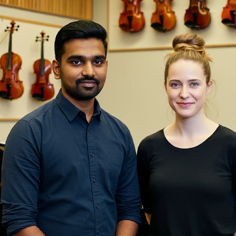 Violin instructor with student smiling in front of violins
