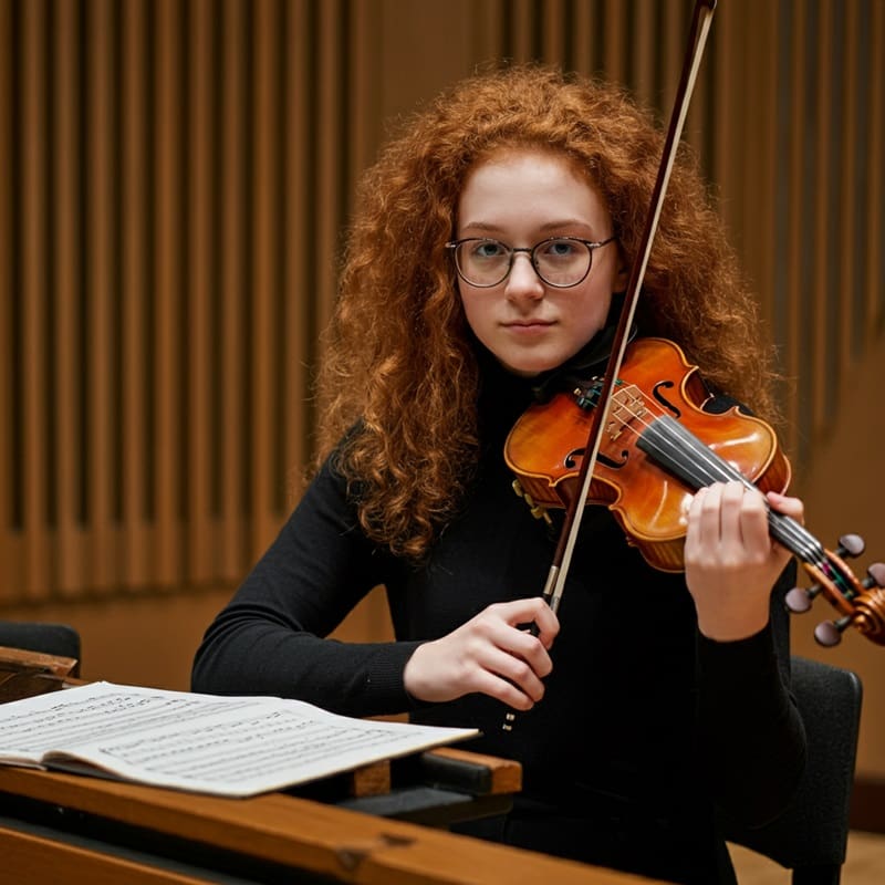 teenage girl violin student practing violin during music lesson in los angeles, ca